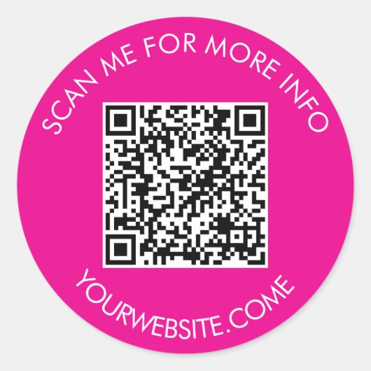 QR-code en aangepaste tekst rond wit & hete roze  Ronde Sticker (Voorkant)