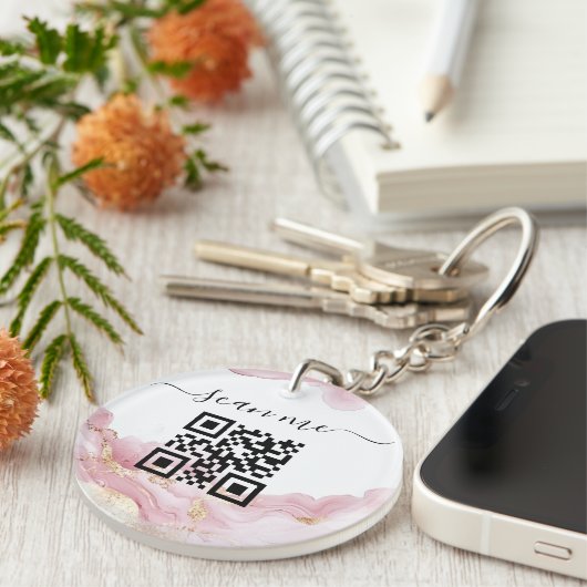 QR-code en aangepaste tekst Sleutelhanger (Voorkant Rechts)