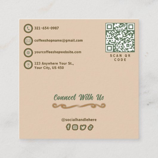 QR Code en Custom Logo Chic  Coffee Shop Vierkante Visitekaartje (Achterkant)