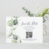 QR-code en Eucalyptus groene Huwelijksaankondiging Save The Date (Staand voorkant)