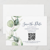 QR-code en Eucalyptus groene Huwelijksaankondiging Save The Date (Voorkant / Achterkant)