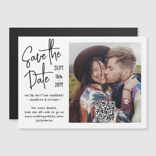 QR-code en foto-handgeschreven bruiloft Opslaan da Magnetische Uitnodiging (Voorkant / Achterkant)