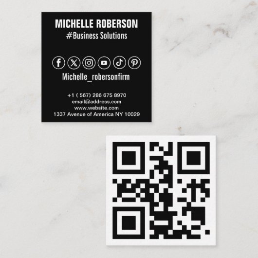 QR-code en pictogrammen voor sociale media Vierkante Visitekaartje (Voorkant / Achterkant)