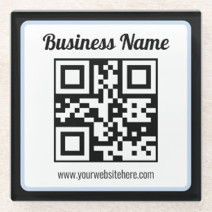 QR-code en tekst met een lichtblauwe rand kunnen w Glazen Onderzetter