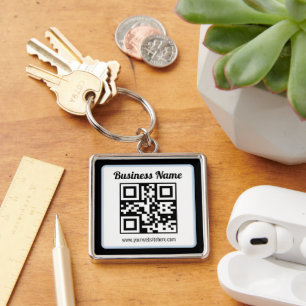 QR-code en tekst met een lichtblauwe rand kunnen w Sleutelhanger