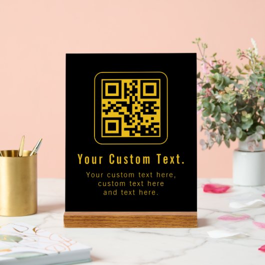 QR-code en tekstsjabloon bewerkbaar | Zwart & Goud Acryl Bord (Huwelijk)