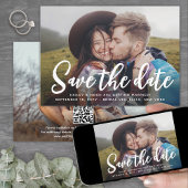 QR-code en twee foto's Modern Trendy Script Wedden Save The Date