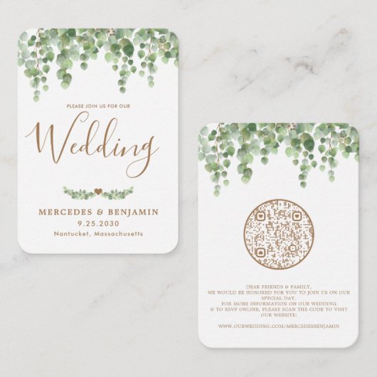 QR-code Eucalyptus Botanische bruiloft Uitnodiging Informatiekaartje (Voorkant / Achterkant)