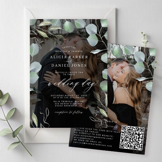 QR CODE eucalyptus fotobedekking zwarte bruiloft Kaart