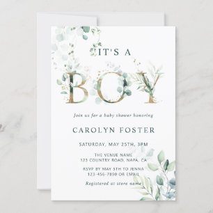 QR-code Eucalyptus Gold Letter Boy Baby shower Kaart