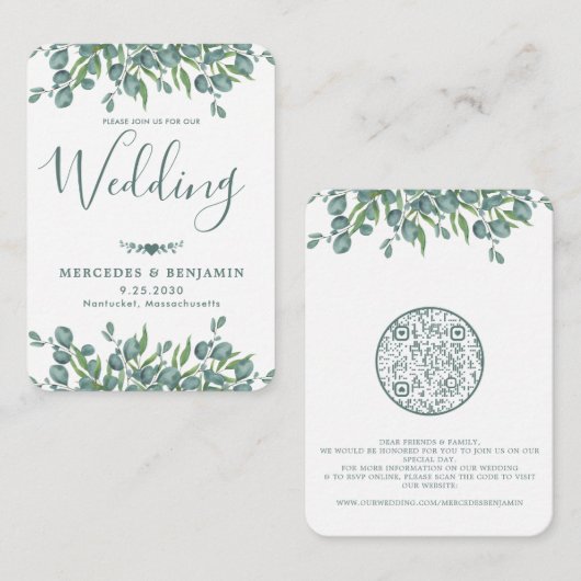QR Code Eucalyptus Greenery Weddenschap Informatiekaartje (Voorkant / Achterkant)