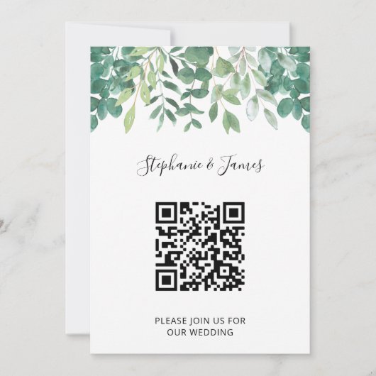 QR Code Eucalyptus Greenery Weddenschap Kaart (Voorkant)