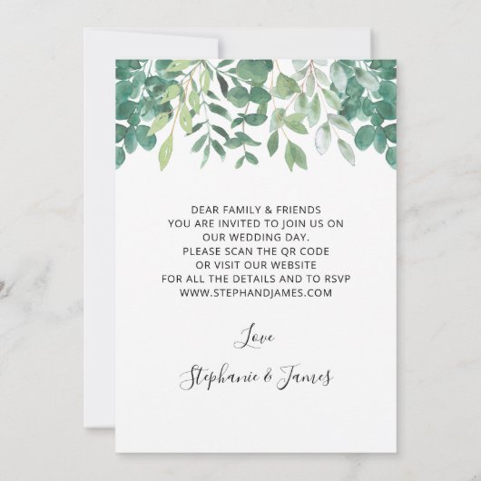QR Code Eucalyptus Greenery Weddenschap Kaart (Achterkant)
