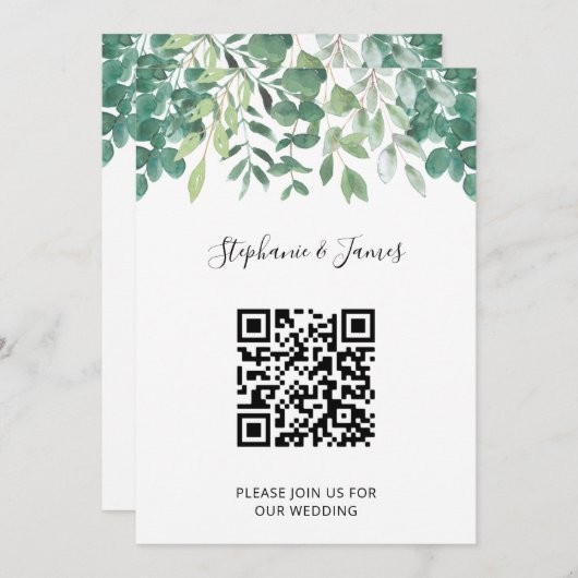QR Code Eucalyptus Greenery Weddenschap Kaart (Voorkant / Achterkant)