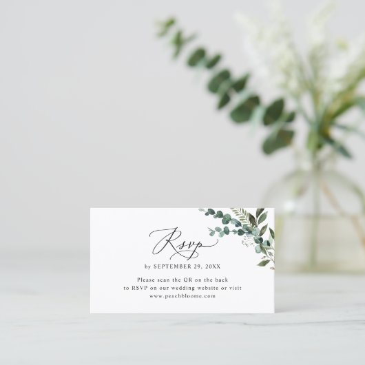 QR-code Eucalyptus Greenery Wedding RSVP Kaarten Visitekaartje (Staand voorkant)