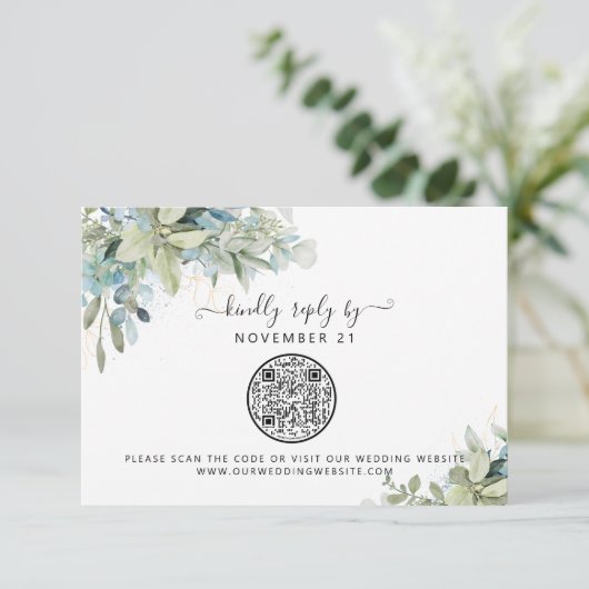 QR-code Eucalyptus Greenery Wedding RSVP Kaartje (Staand voorkant)