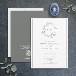 QR Code Eucalyptus Leafy Crest Monogram Weddenscha Kaart