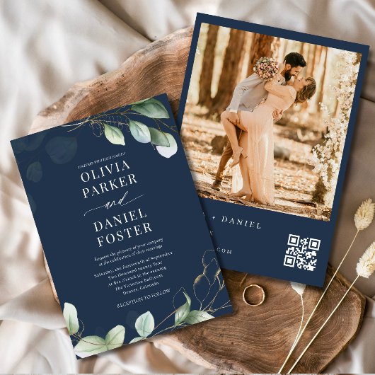 QR Code Eucalyptus Navy Blauwe Foto Bruiloft Kaart