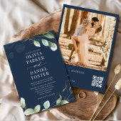QR Code Eucalyptus Navy Blue Photo Wedding Kaart