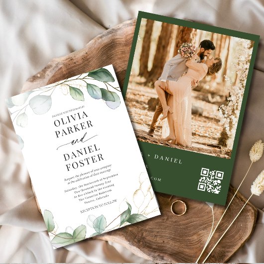 QR Code Eucalyptus Photo Greenery Wedding Kaart