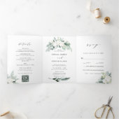 QR-code Evergreen & Cotton Flower Bouquet Wedding Drieluik Uitnodiging (Binnen)