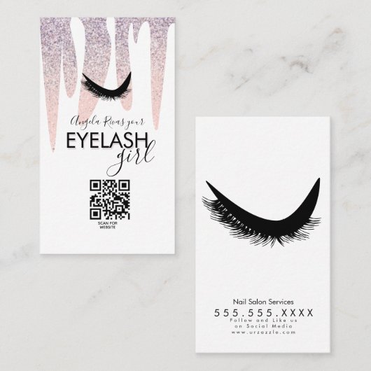 QR CODE Eyelash Girly Pink Glitter Driving Visitekaartje (Voorkant / Achterkant)