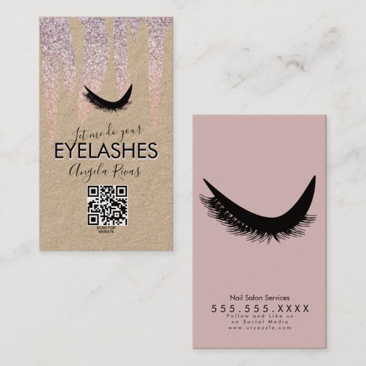 QR CODE Eyelashes Roze Glitter Dripping Rustige B Visitekaartje (Voorkant / Achterkant)