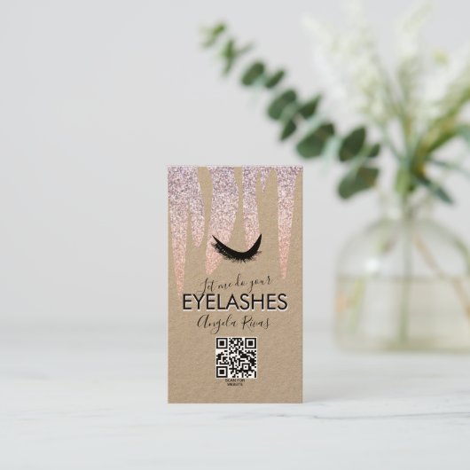 QR CODE Eyelashes Roze Glitter Dripping Rustige B Visitekaartje (Staand voorkant)