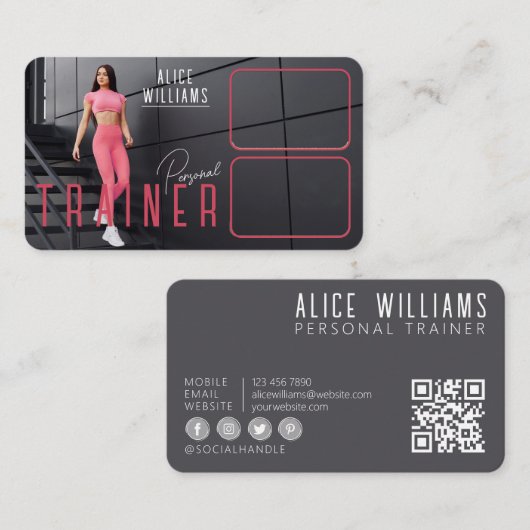 QR Code Fitness Roze & Grijs Personal Trainer Foto Visitekaartje (Voorkant / Achterkant)