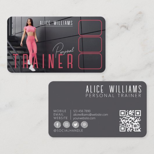QR Code Fitness Roze & Grijs Personal Trainer Foto Visitekaartje (Voorkant / Achterkant)