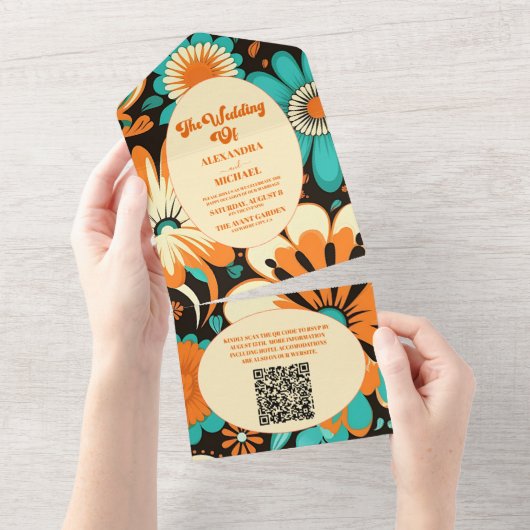 QR Code Floral Groovy Retro bruiloft All In One Uitnodiging (Afscheurbaar)