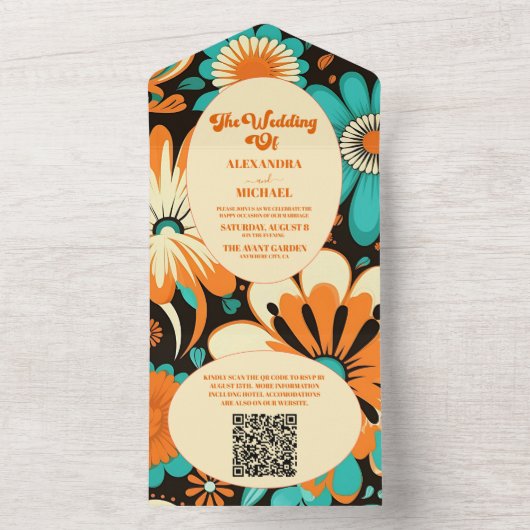 QR Code Floral Groovy Retro bruiloft All In One Uitnodiging (Binnen)