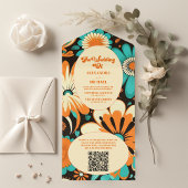 QR Code Floral Groovy Retro bruiloft All In One Uitnodiging