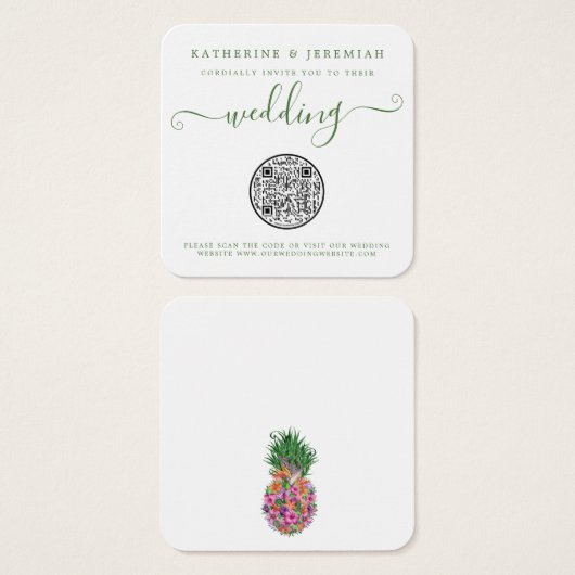 QR Code Floral Pineapple Weddenschap Vierkante Visitekaartjes (Voorkant /achterkant)