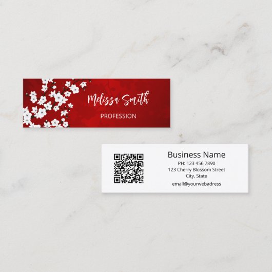 QR-code Floral Red White Cherry Blossom Mini Visitekaartje (Voorkant / Achterkant)