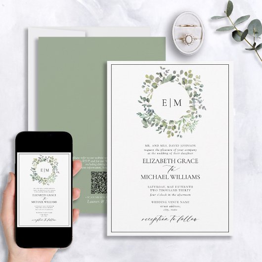 QR-code Formele Sage Groene Eucalyptusmonogram Kaart