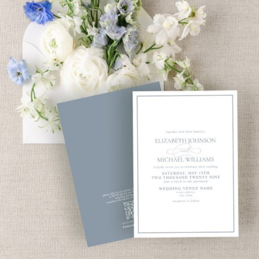 QR Code Formele tast Blue Classic Script Weddensch Kaart