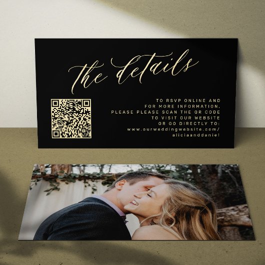 QR code foto elegant goud zwart bruiloft details Informatiekaartje