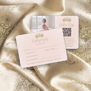 QR-code & foto Elegante Quinceañera Gold Crown RSVP Kaartje