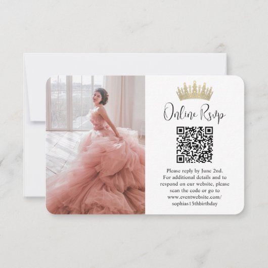 QR-code & foto Elegante Quinceañera Gold Crown RSVP Kaartje (Achterkant)