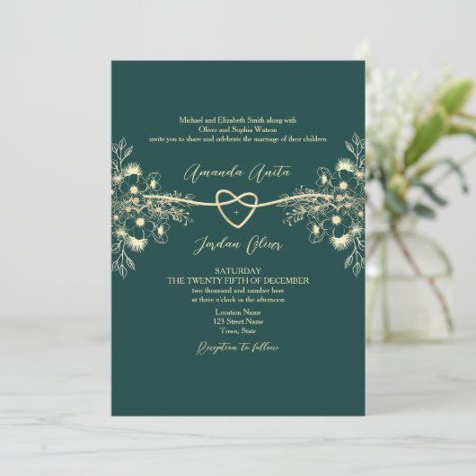 QR Code Foto Emerald Green Gold Wedding Kaart (Staand voorkant)