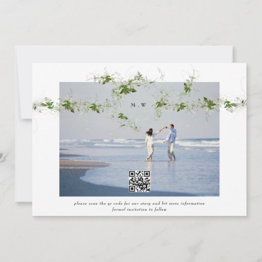 QR-code | Foto Eucalyptus Wreath Monogram Weddensc Save The Date (Achterkant)