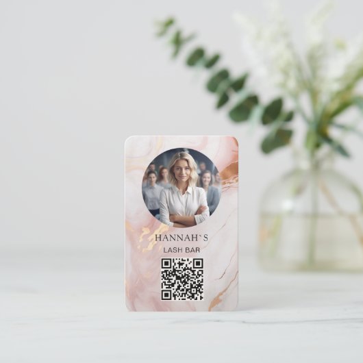 QR-code, Foto, Marmer, Roze-Rosegold, Salon Visitekaartje (Staand voorkant)