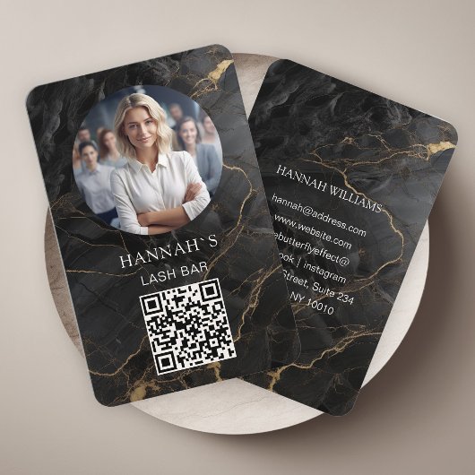 QR-code, foto, marmer, zwart-goud, salon Visitekaartje