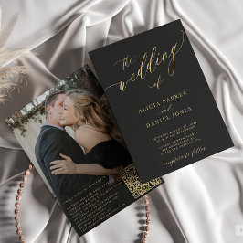 QR code foto modern elegant goud zwart bruiloft Kaart