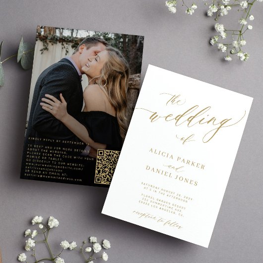 QR-code foto moderne elegante goudbruiloft Kaart