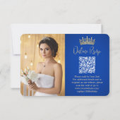 QR-code & foto Quinceañera Gold Crown Royal Blue RSVP Kaartje (Achterkant)