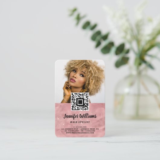 QR Code Foto Roze Moderne Loyaliteit Sjabloon Visitekaartje (Staand voorkant)
