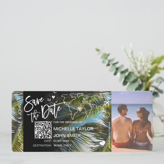 QR-code Foto Save the Date Boarding Pass  Uitnodig Kaart (Staand voorkant)