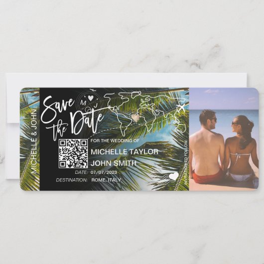QR-code Foto Save the Date Boarding Pass  Uitnodig Kaart (Voorkant)
